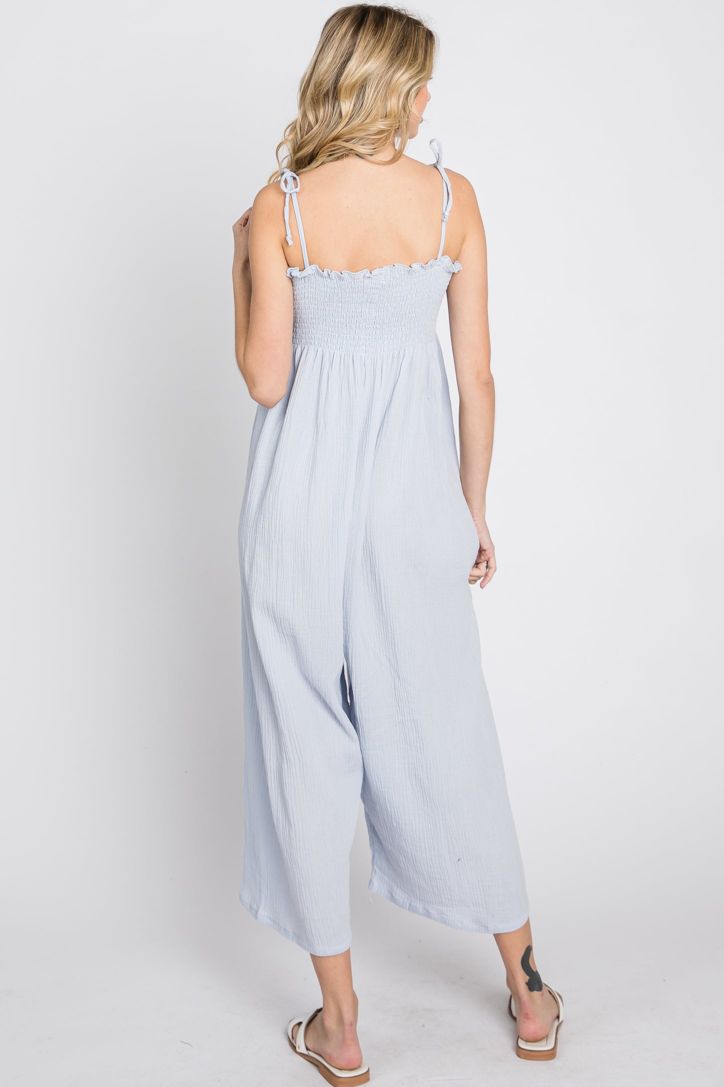 Light Blue Gauze Smocked Tie Strap Jumpsuit