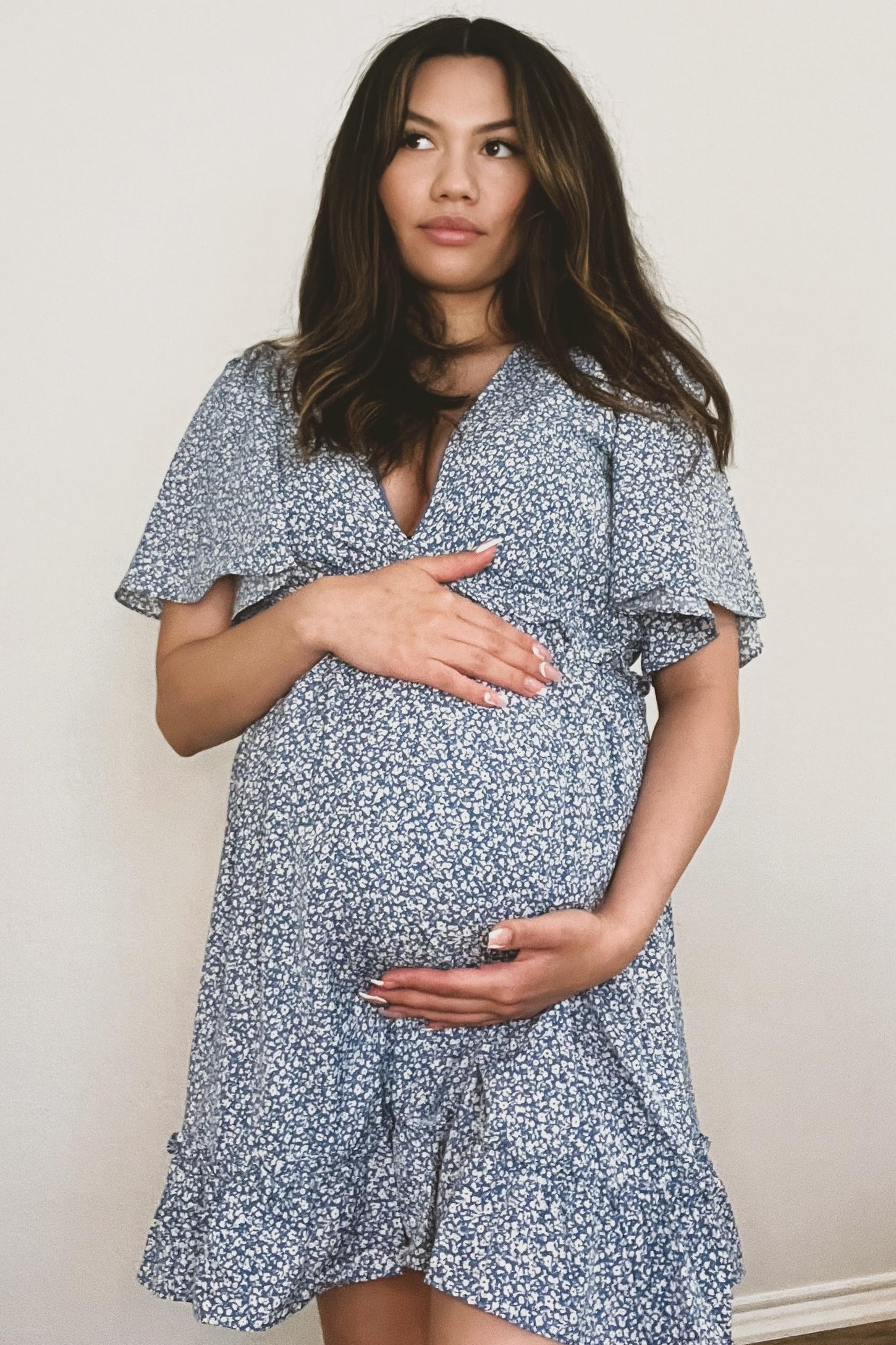 Blue Floral Ruffle Accent Cutout Maternity Dress