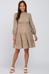Beige Floral Shirred Mock Neck Maternity Dress