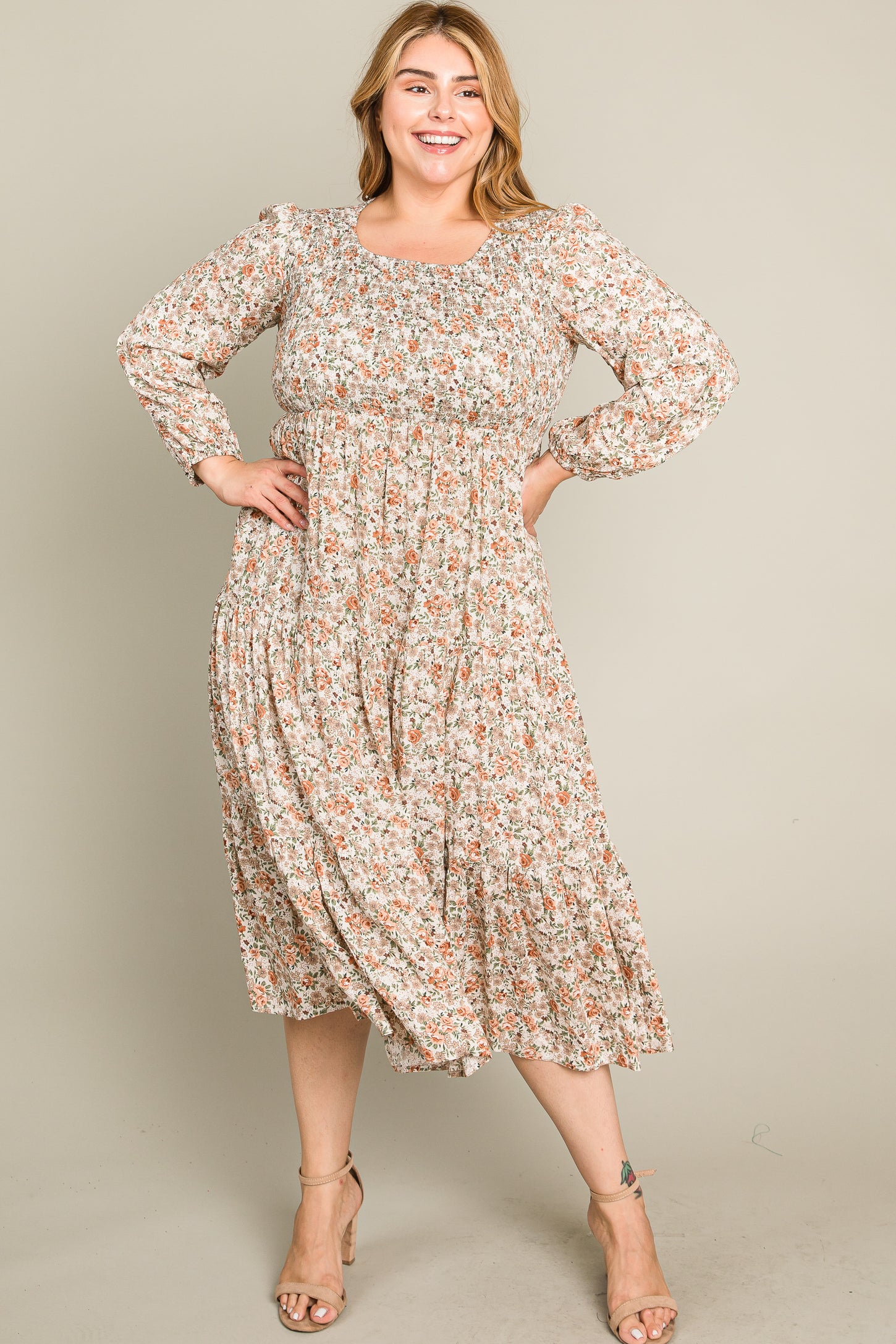 Cream Floral Smocked 3/4 Sleeve Plus Midi Dress