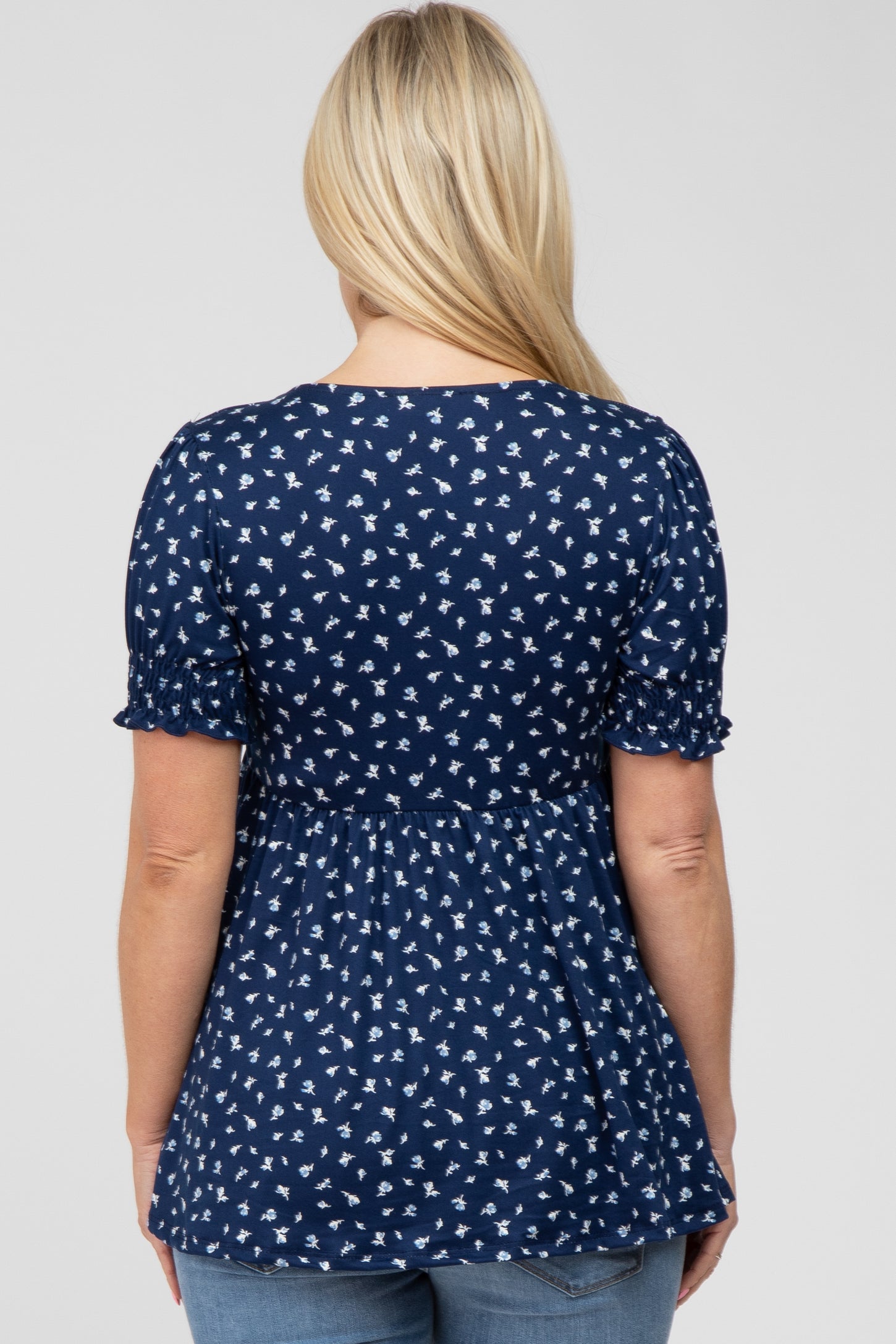 Navy Ditsy Floral Smocked Sleeve Maternity Wrap Top