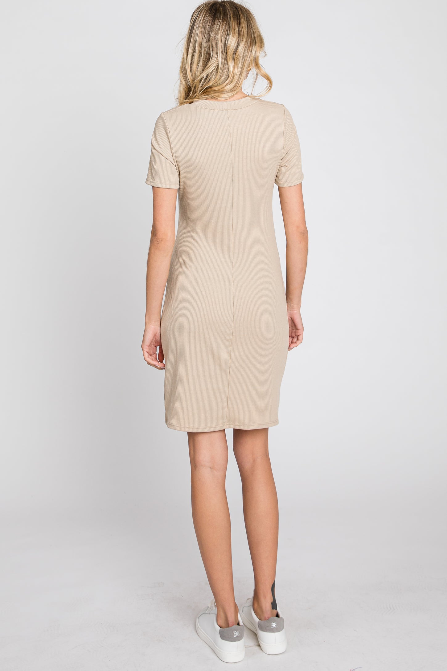 Beige Ribbed Ruched Side Fitted Short Sleeve Dress
