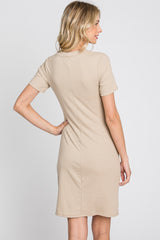 Beige Ribbed Ruched Side Fitted Short Sleeve Dress