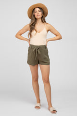 Olive Pinstriped Belted Maternity Shorts