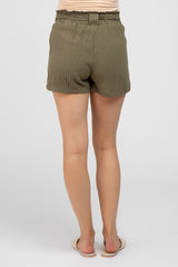 Olive Pinstriped Belted Maternity Shorts