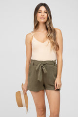 Olive Pinstriped Belted Maternity Shorts