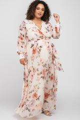 Cream Floral Chiffon Long Sleeve Pleated Maternity Maxi Dress