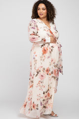 Cream Floral Chiffon Long Sleeve Pleated Maternity Maxi Dress