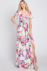 Pink Floral Chiffon Short Sleeve Side Slit Maternity Maxi Dress