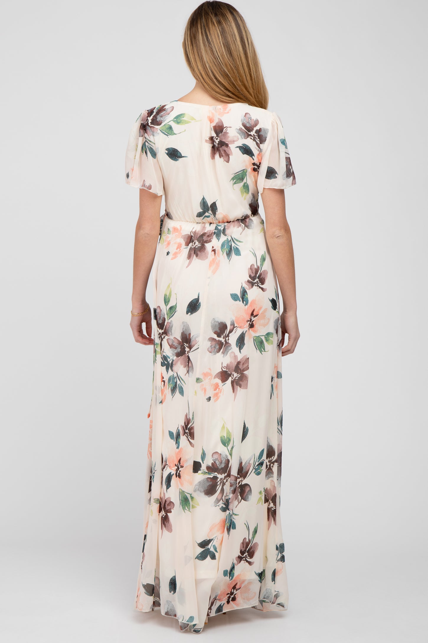 Cream Floral Chiffon Wrap Front Short Sleeve Maternity Maxi Dress