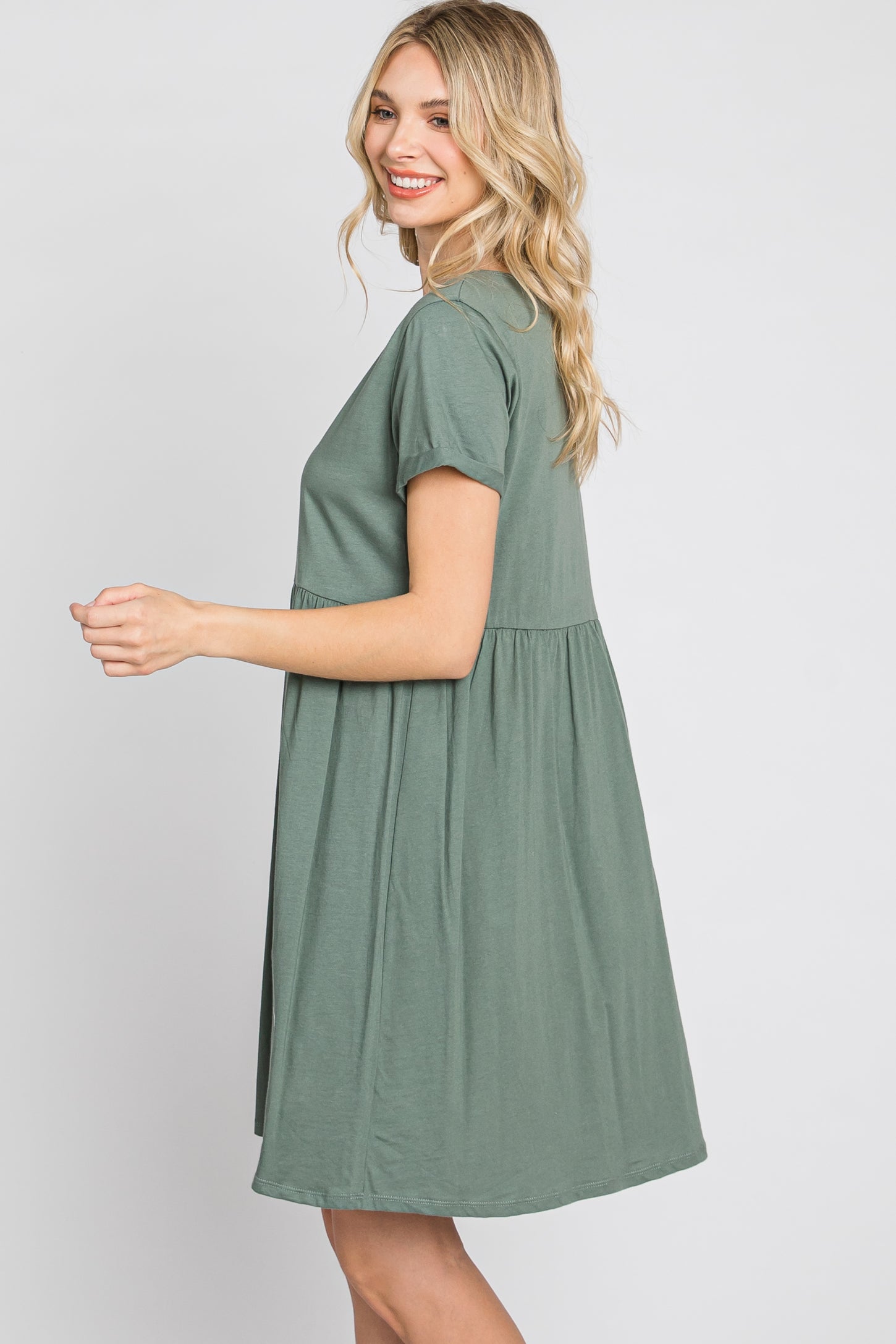 Olive Button Front Basic Dress