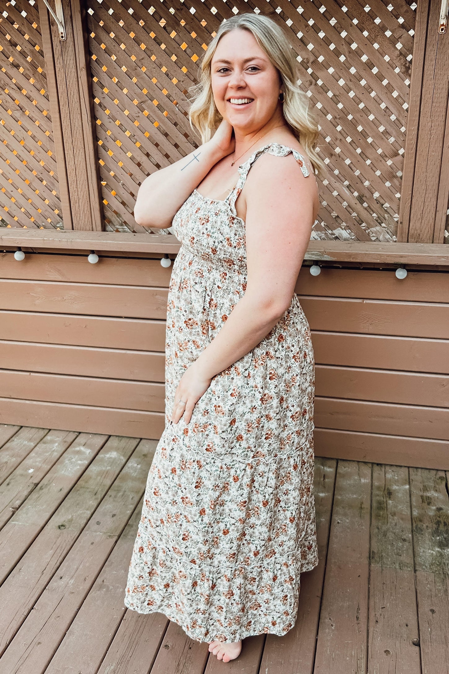 Beige Floral Sleeveless Tiered Maxi Dress