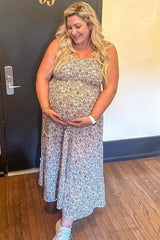 Beige Floral Sleeveless Tiered Maternity Maxi Dress