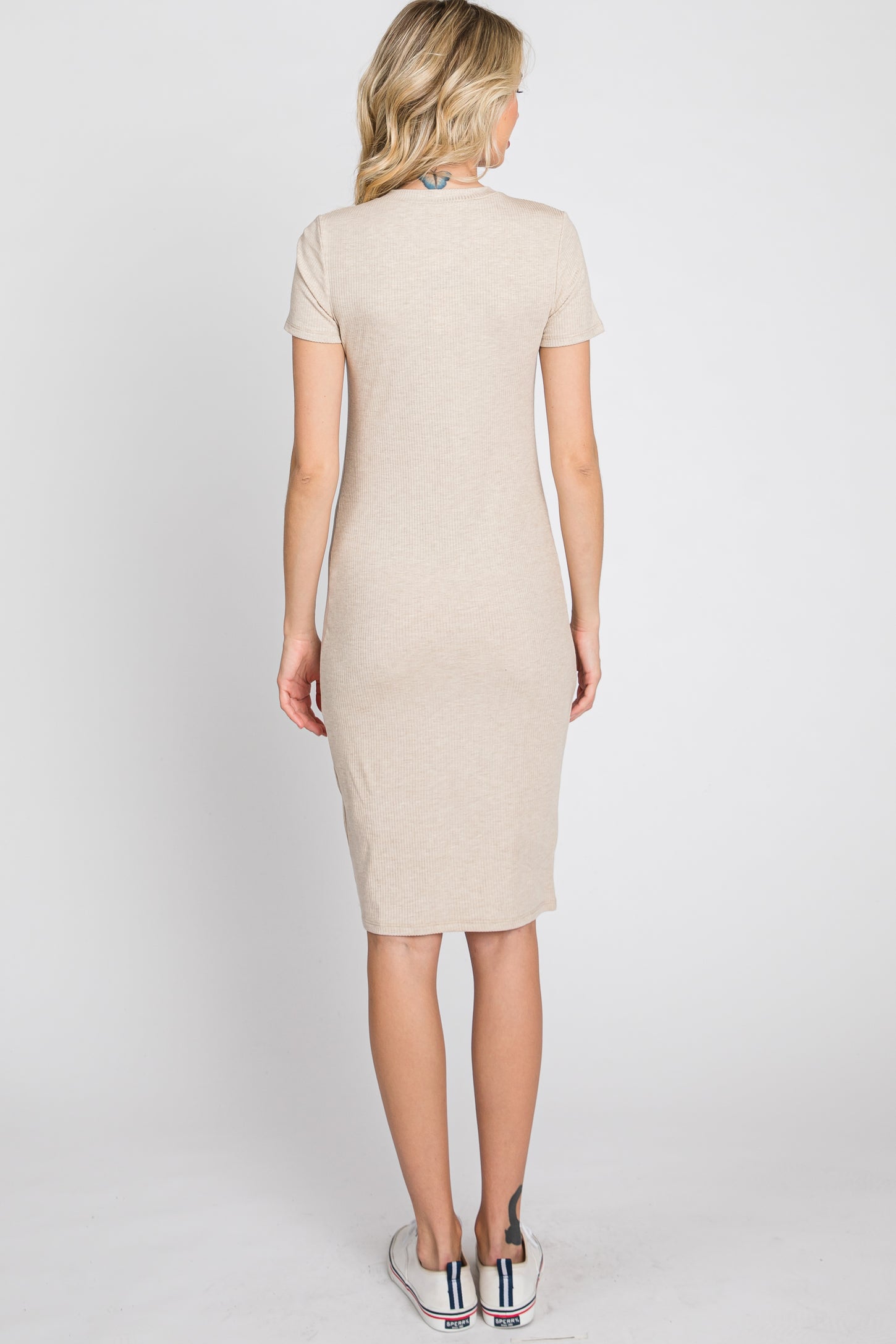 Beige Ribbed Fitted Dress