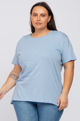 Blue Solid Short Sleeve Plus Top