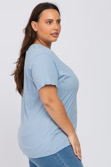 Blue Solid Short Sleeve Plus Top