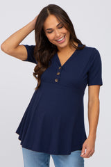 PinkBlush Navy Ribbed Button Accent Maternity Blouse