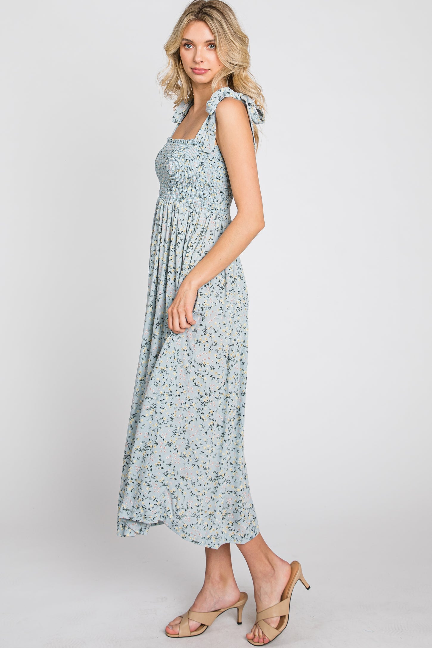 Light Blue Floral Smocked Tie Strap Midi Dress