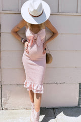 Mauve Gingham Print Smocked Fitted Self-Tie Maternity Midi Dress