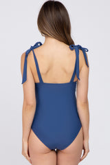 Blue Shoulder Tie Maternity One-Piece Swimsuit
