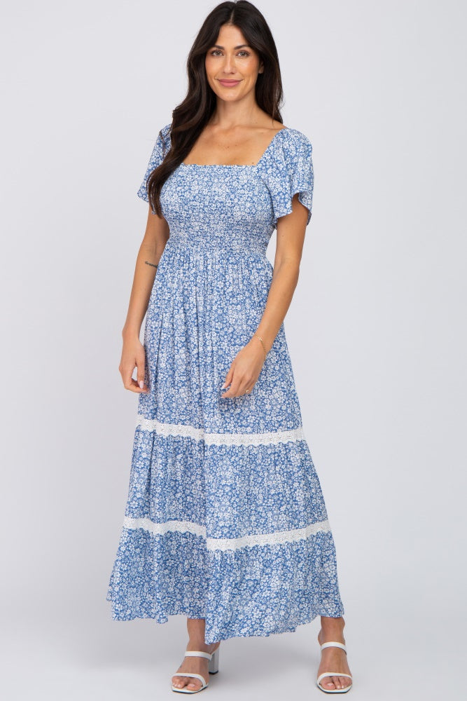 Blue Floral Square Neck Smocked Front Lace Trim Maternity Maxi Dress