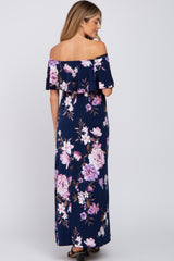 Navy Blue Floral Off Shoulder Maternity Maxi Dress