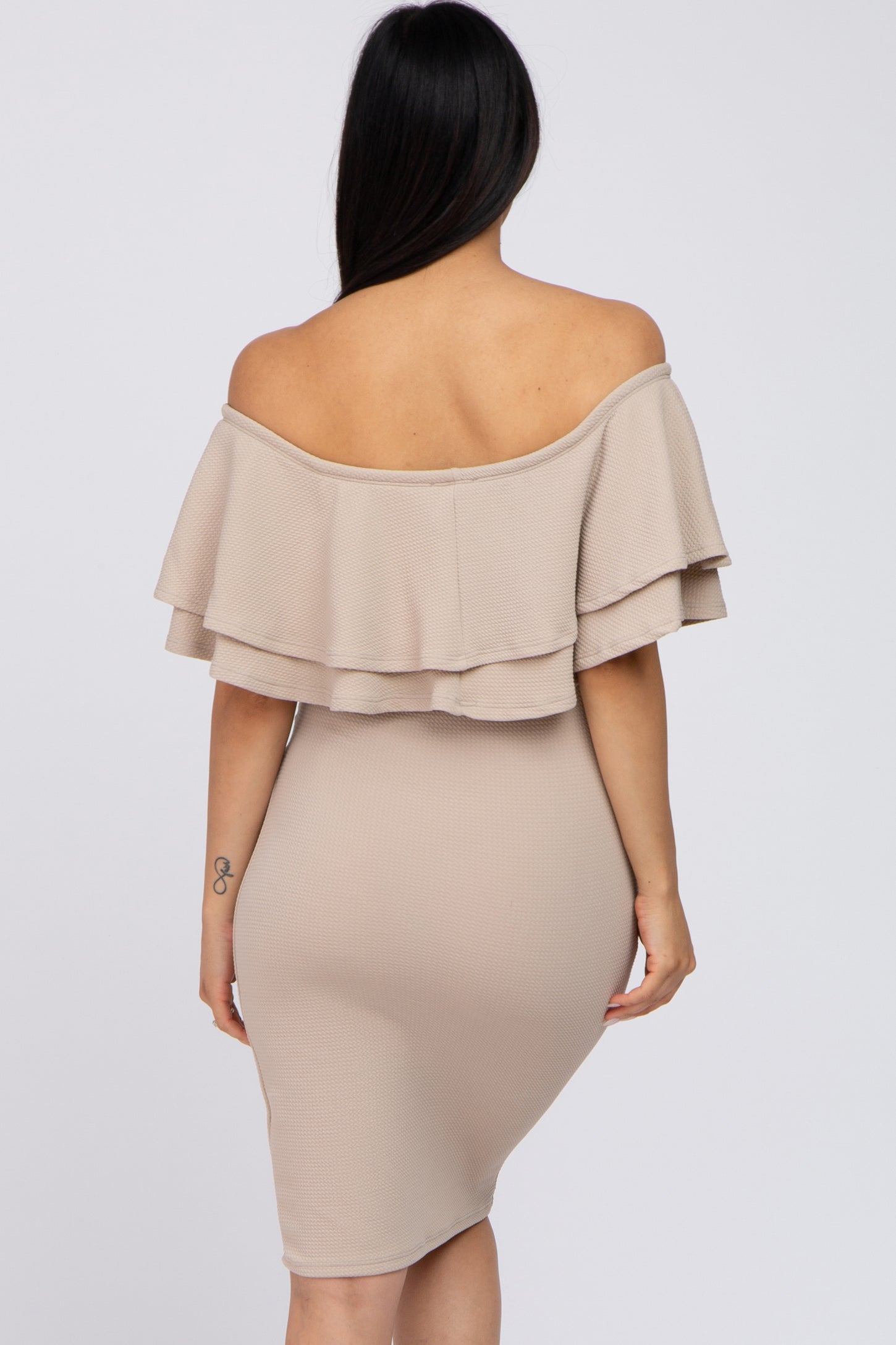 Beige Ruffle Off Shoulder Ruched Maternity Dress