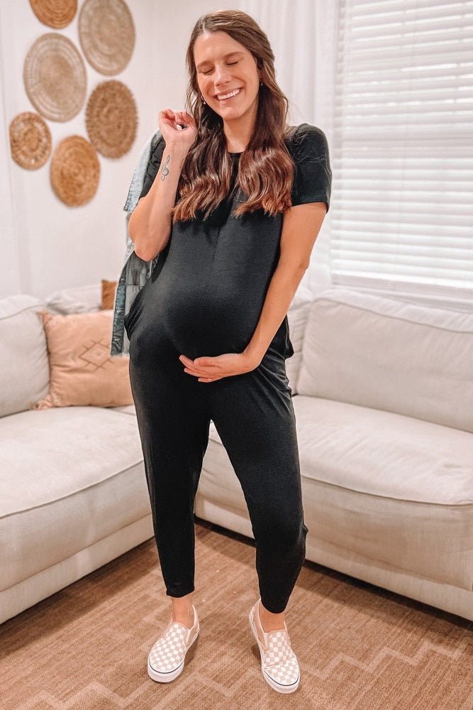 Black Basic Short Sleeve Maternity Jumpsuit