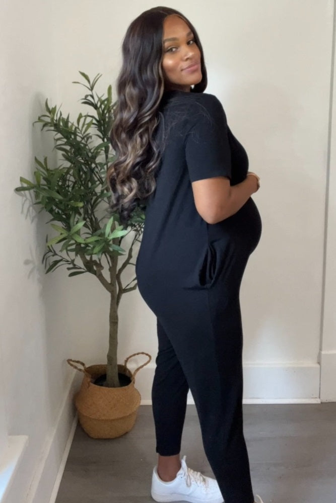 Black Basic Short Sleeve Maternity Jumpsuit