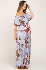 Light Blue Floral Off Shoulder Maternity Maxi Dress