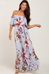 Light Blue Floral Off Shoulder Maternity Maxi Dress