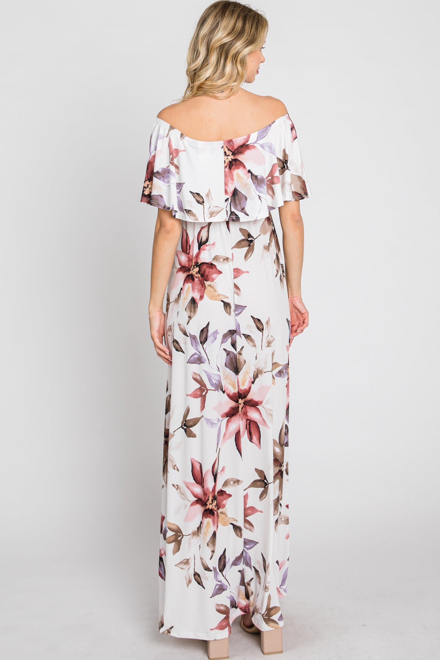 Ivory Floral Off Shoulder Maxi Dress