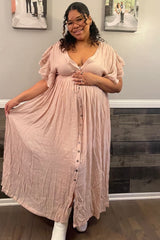 Light Pink Deep V-Neck Button Down Maternity Maxi Dress