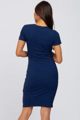 Navy Blue Ribbed Fitted Maternity Dress