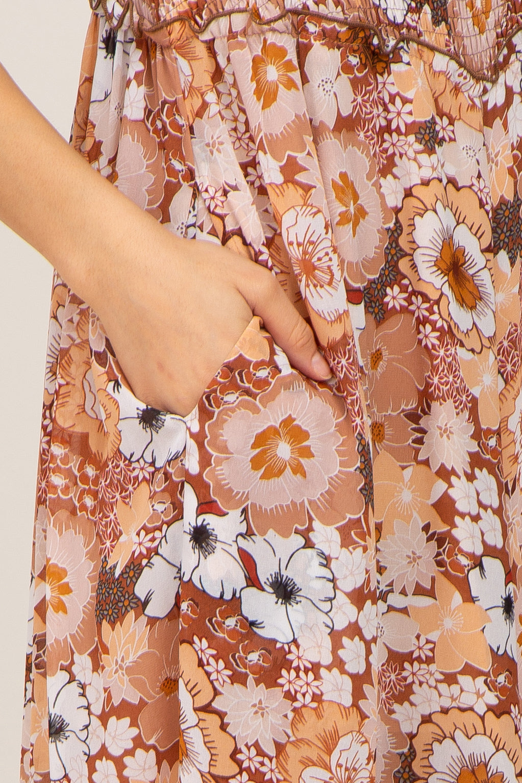 Camel Floral Sleeveless Jumpsuit