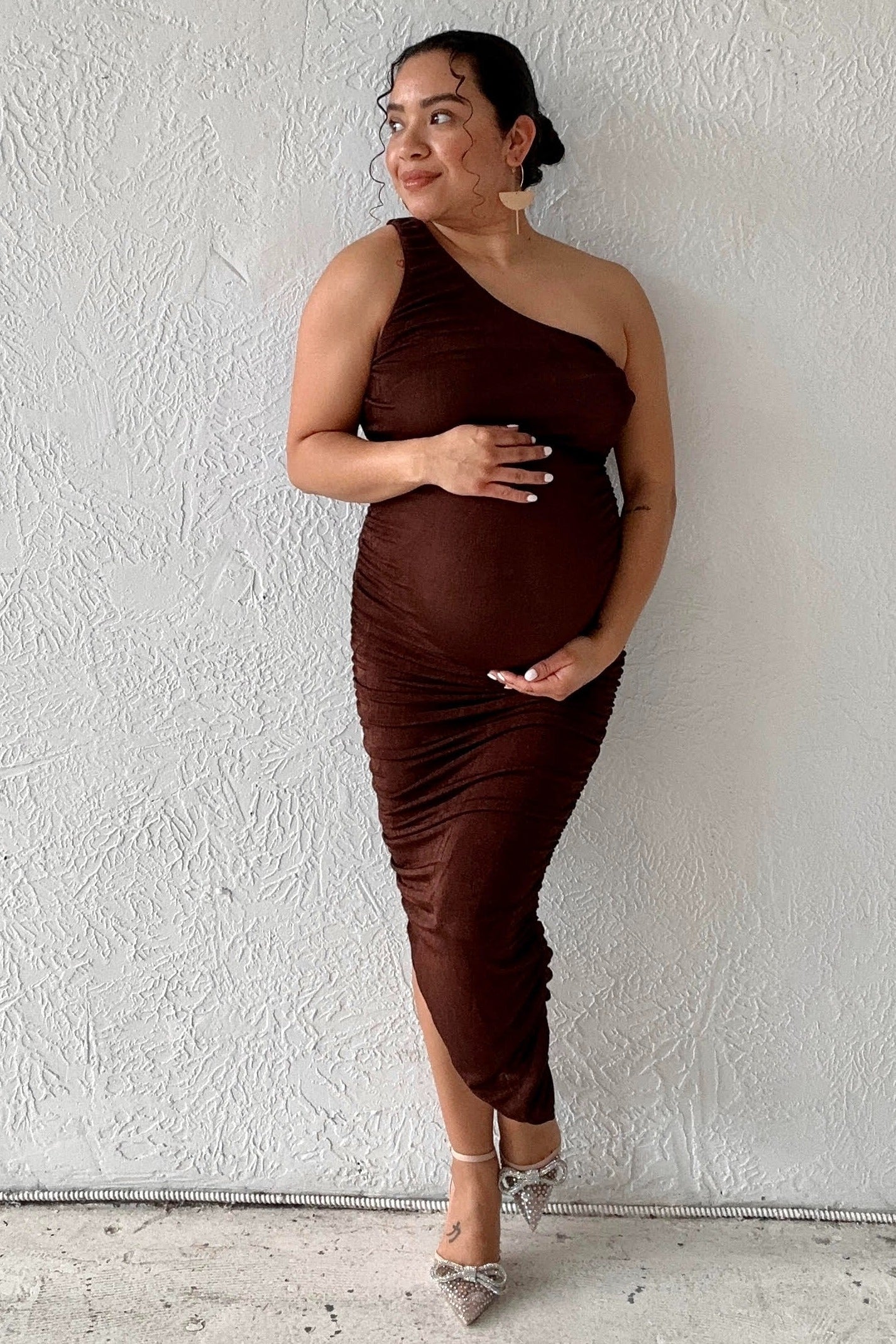 Brown One Shoulder Ruched Maternity Midi Dress