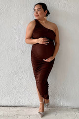 Brown One Shoulder Ruched Maternity Midi Dress
