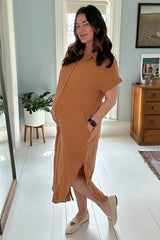 Camel Button Down Maternity Midi Dress