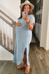 Light Blue Button Down Maternity Midi Dress
