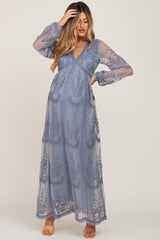 PinkBlush Blue Grey Lace Mesh Overlay Long Sleeve Maternity Maxi Dress