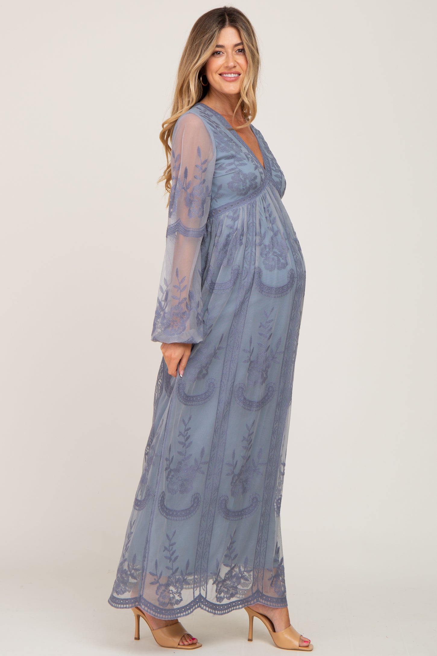 PinkBlush Blue Grey Lace Mesh Overlay Long Sleeve Maternity Maxi Dress