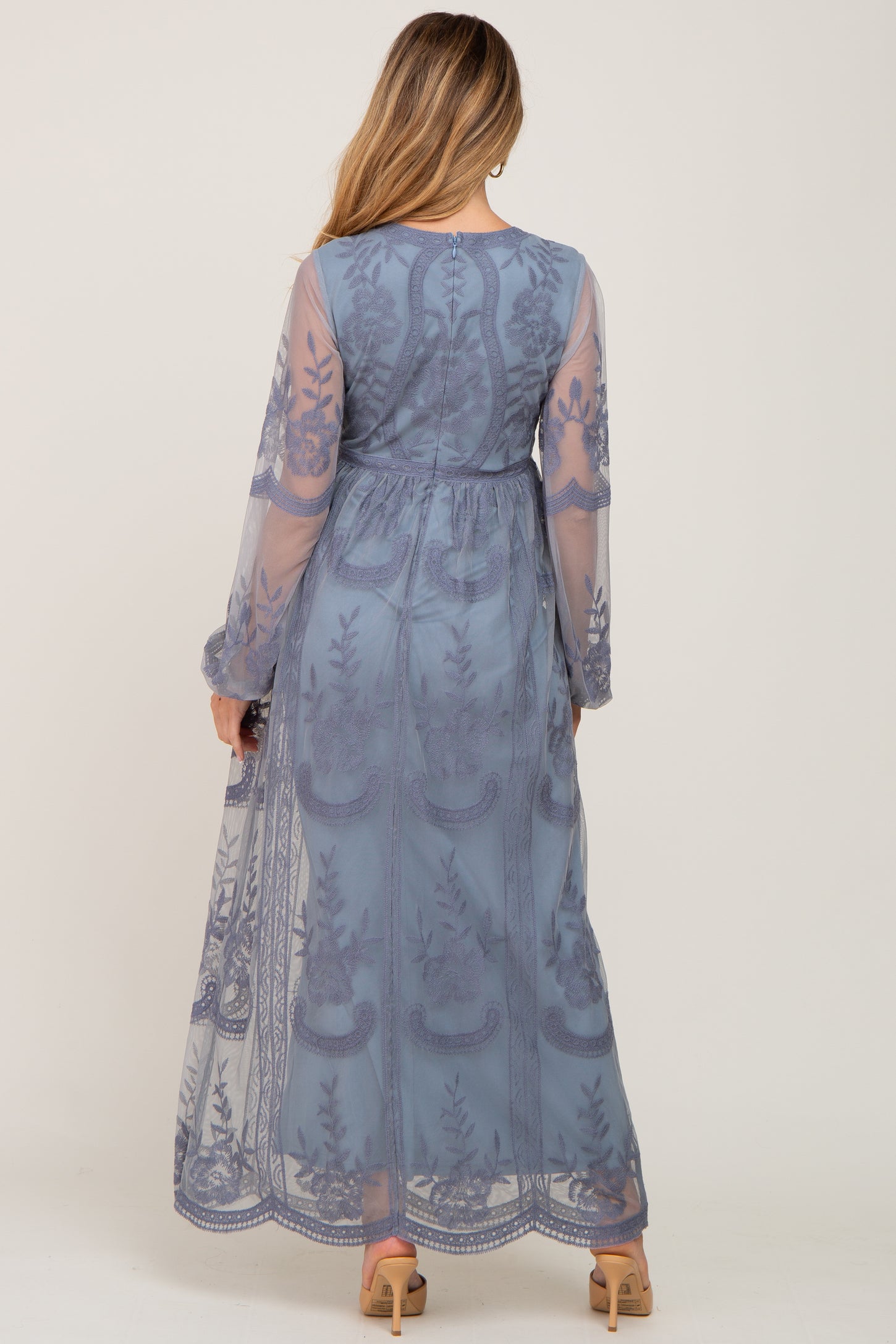 PinkBlush Blue Grey Lace Mesh Overlay Long Sleeve Maternity Maxi Dress