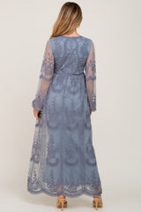 PinkBlush Blue Grey Lace Mesh Overlay Long Sleeve Maternity Maxi Dress