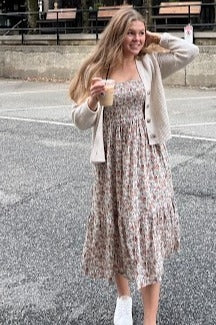 Taupe Floral Smocked Puff Sleeve Midi Dress