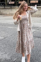 Taupe Floral Smocked Puff Sleeve Midi Dress