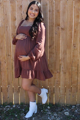 Brown Square Neck Puff Long Sleeve Maternity Dress