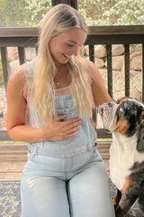 Blue Light Wash Denim Distressed Wide Leg Maternity Overalls