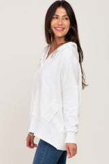 White Button Front Ribbed Trim Hooded Sweatshirt