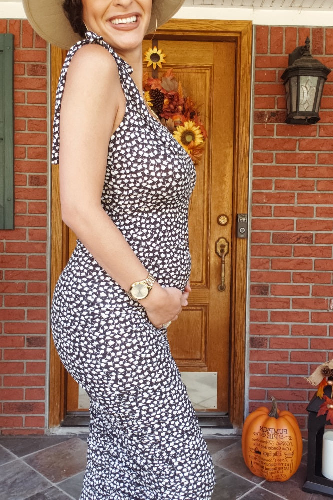 Black Printed Ribbed Shoulder Tie Ruched Maternity Dress