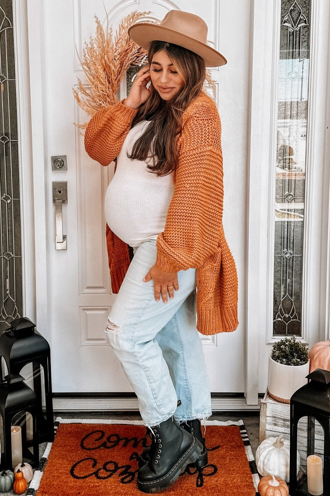 Camel Cable Knit Front Pocket Maternity Cardigan